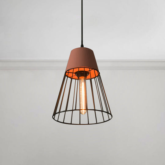 Industrial Loft Metallic Pendant Lighting - Gray/Red Tapered Design with Wire Guard - Ideal for Dining Room Ceiling