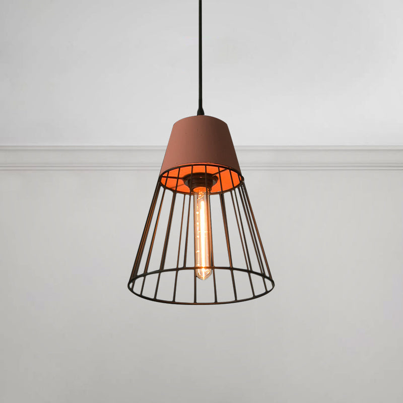 Metallic Industrial Loft Pendant Light With Wire Guard - Gray/Red Tapered Design For Dining Room