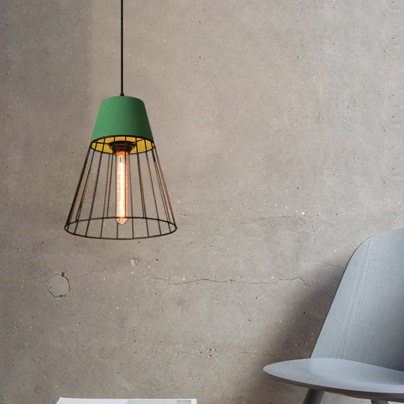 Industrial Loft Metallic Pendant Lighting - Gray/Red Tapered Design with Wire Guard - Ideal for Dining Room Ceiling