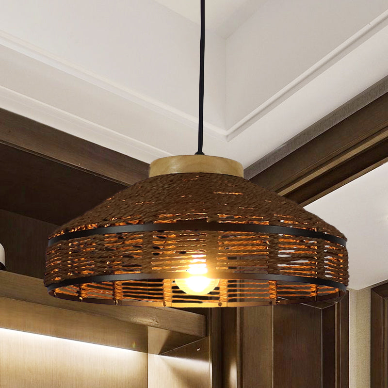 Rustic Brown Barn Shade Pendant Light - Single Woven Rattan Suspension Lamp With Wooden Cap For