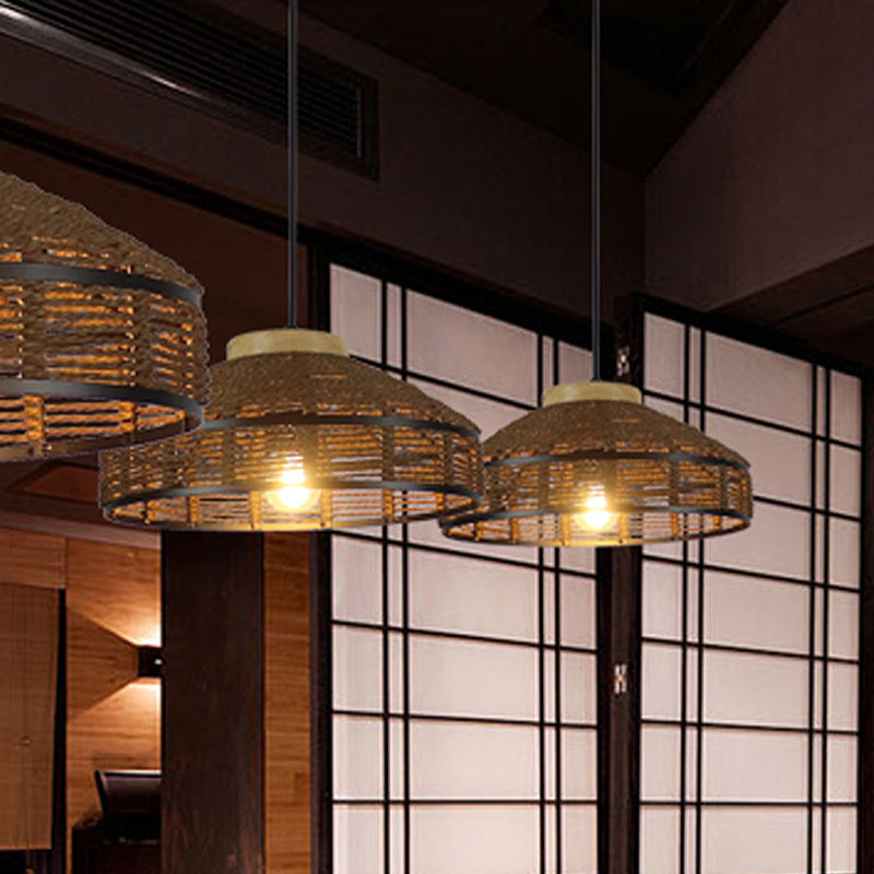 Rustic Brown Barn Shade Pendant Light - Single Woven Rattan Suspension Lamp With Wooden Cap For