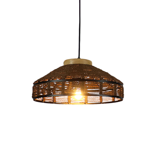 Rustic Brown Barn Shade Pendant Light - Single Woven Rattan Suspension Lamp With Wooden Cap For