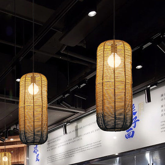 Contemporary Beige And Blue Curved/Elongated Pendant Light - Hemp Rope 1-Light 6.5/8.5/14 Wide Ideal