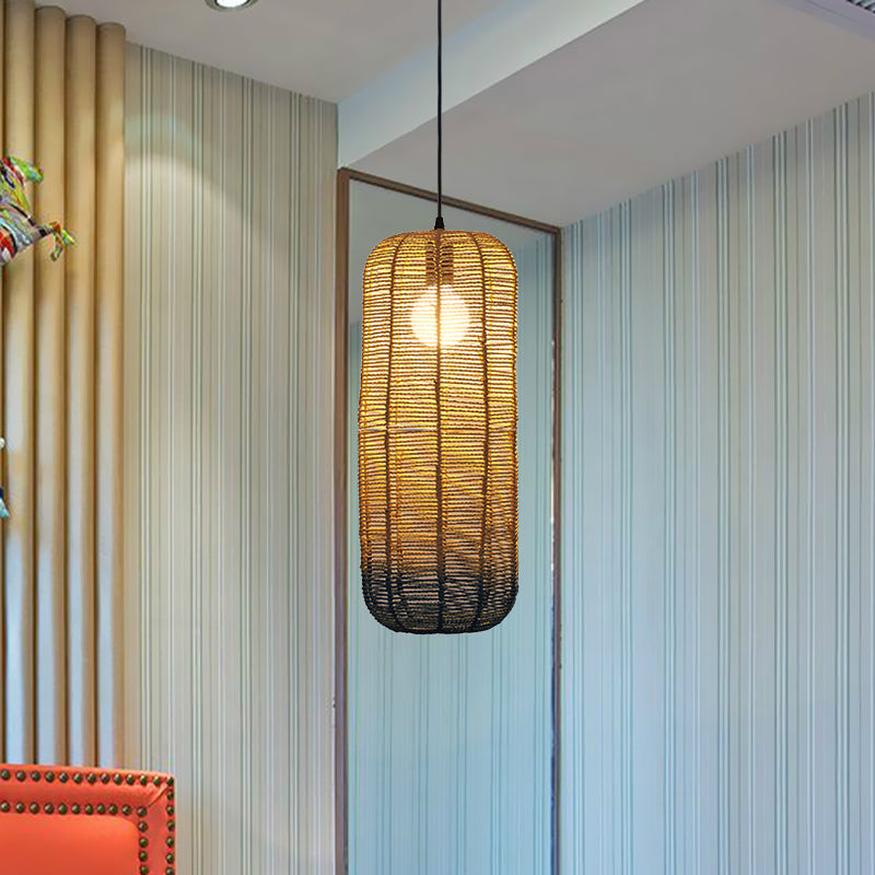 Contemporary Beige And Blue Curved/Elongated Pendant Light - Hemp Rope 1-Light 6.5/8.5/14 Wide Ideal