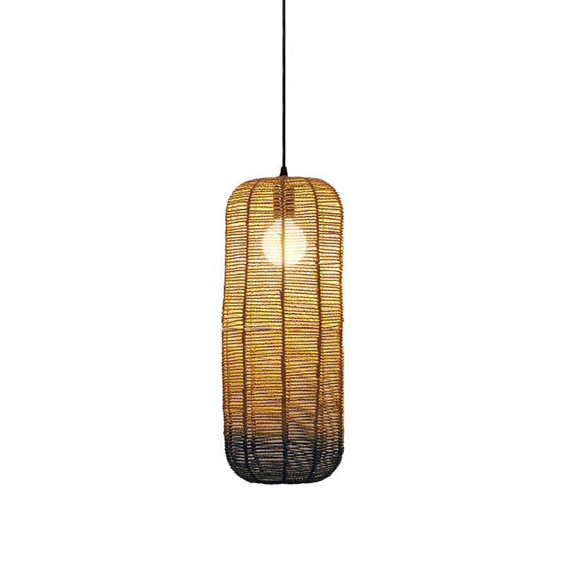 Contemporary Beige And Blue Curved/Elongated Pendant Light - Hemp Rope 1-Light 6.5/8.5/14 Wide Ideal