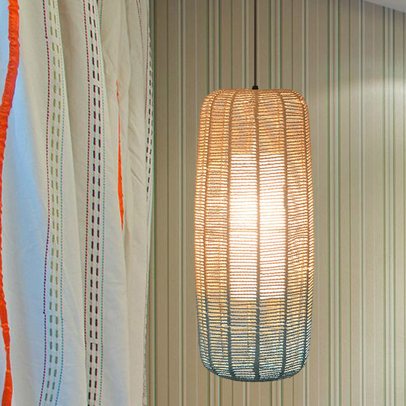 Contemporary Beige And Blue Curved/Elongated Pendant Light - Hemp Rope 1-Light 6.5/8.5/14 Wide Ideal