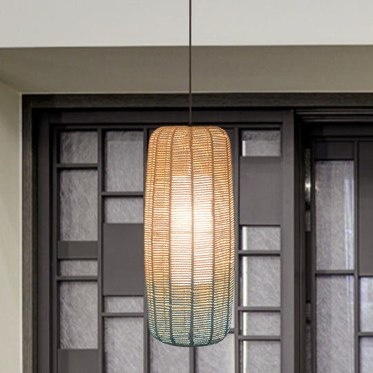 Contemporary Beige And Blue Curved/Elongated Pendant Light - Hemp Rope 1-Light 6.5/8.5/14 Wide Ideal