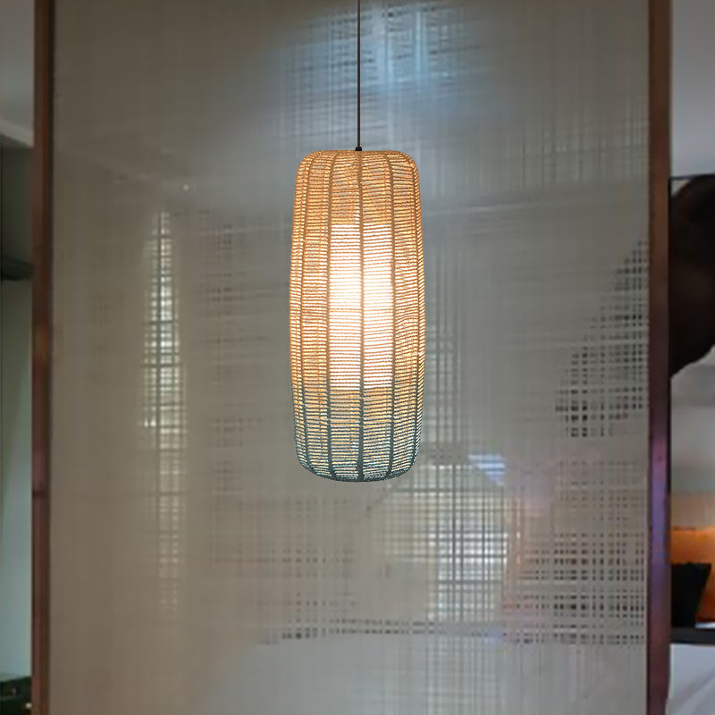 Contemporary Beige And Blue Curved/Elongated Pendant Light - Hemp Rope 1-Light 6.5/8.5/14 Wide Ideal