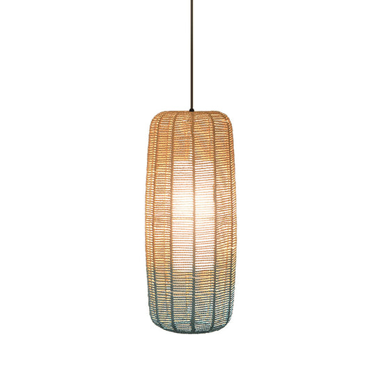 Contemporary Beige And Blue Curved/Elongated Pendant Light - Hemp Rope 1-Light 6.5/8.5/14 Wide Ideal