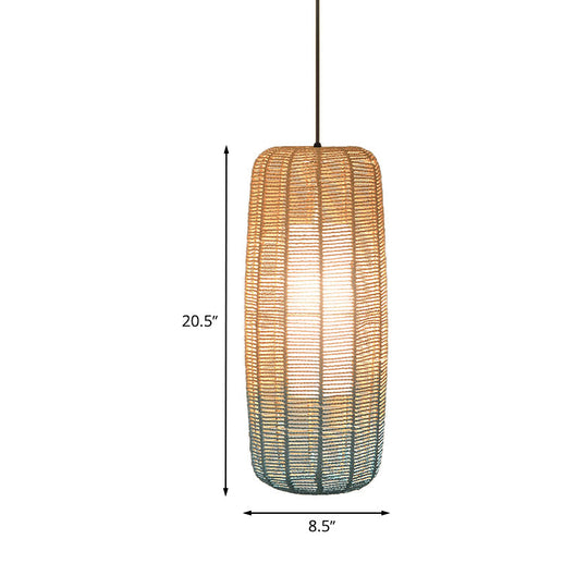 Contemporary Beige And Blue Curved/Elongated Pendant Light - Hemp Rope 1-Light 6.5/8.5/14 Wide Ideal