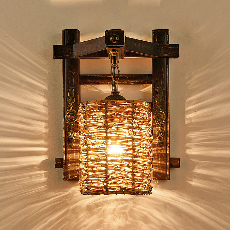 Hand-Woven Rattan Wall Light Fixture - Lodge Style Brown Sconce Lighting For Bedside A/B / B