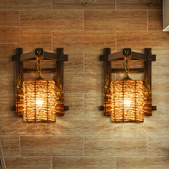 Hand-Woven Rattan Wall Light Fixture - Lodge Style Brown Sconce Lighting For Bedside A/B