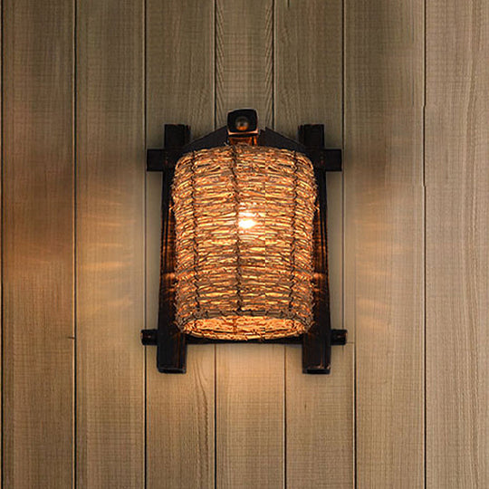 Hand-Woven Rattan Wall Light Fixture - Lodge Style Brown Sconce Lighting For Bedside A/B