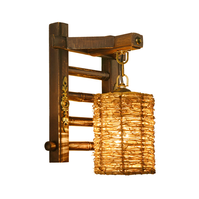 Hand-Woven Rattan Wall Light Fixture - Lodge Style Brown Sconce Lighting For Bedside A/B