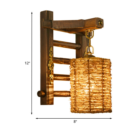 Hand-Woven Rattan Wall Light Fixture - Lodge Style Brown Sconce Lighting For Bedside A/B