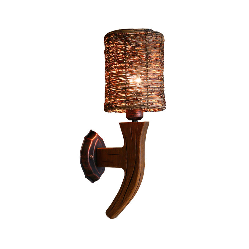 Hand-Woven Rattan Wall Light Fixture - Lodge Style Brown Sconce Lighting For Bedside A/B