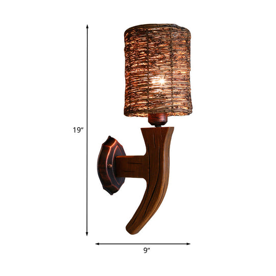 Hand-Woven Rattan Wall Light Fixture - Lodge Style Brown Sconce Lighting For Bedside A/B