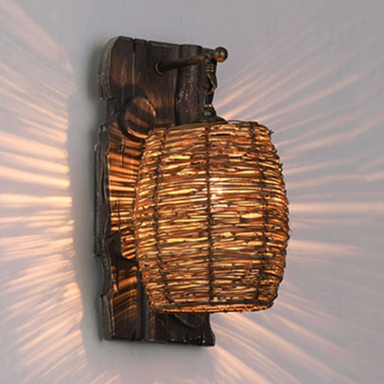 Hand-Woven Rattan Wall Light Fixture - Lodge Style Brown Sconce Lighting For Bedside A/B / C