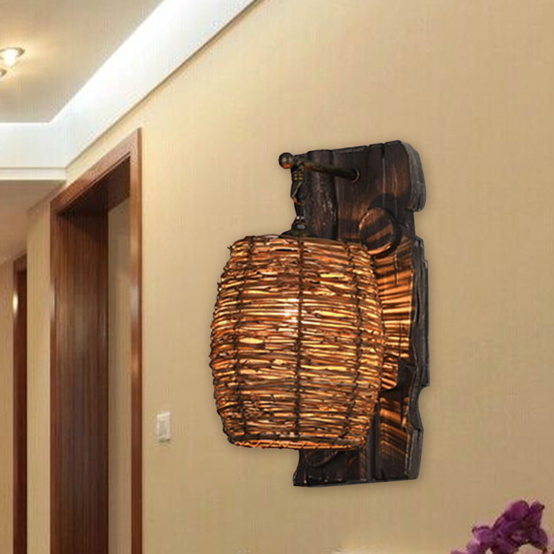 Hand-Woven Rattan Wall Light Fixture - Lodge Style Brown Sconce Lighting For Bedside A/B