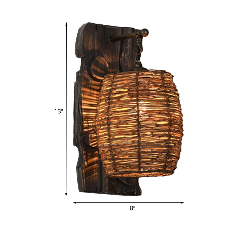 Hand-Woven Rattan Wall Light Fixture - Lodge Style Brown Sconce Lighting For Bedside A/B