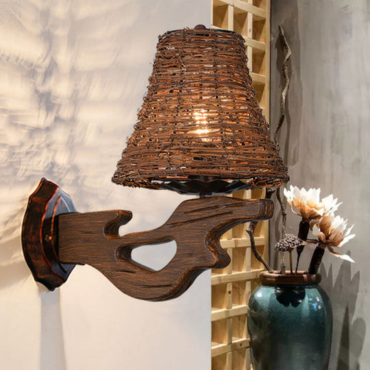 Hand-Woven Rattan Wall Light Fixture - Lodge Style Brown Sconce Lighting For Bedside A/B / D