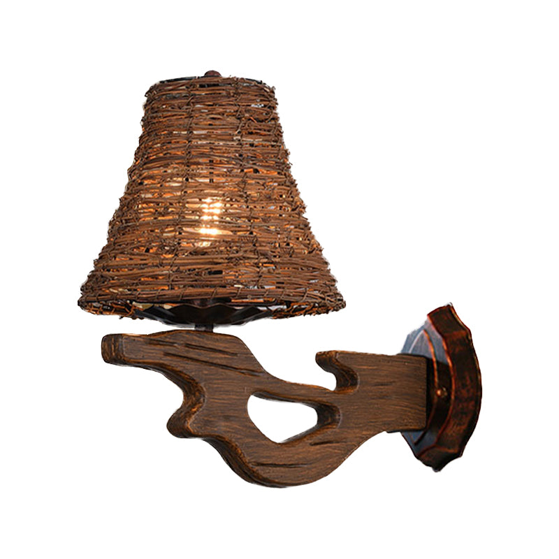 Hand-Woven Rattan Wall Light Fixture - Lodge Style Brown Sconce Lighting For Bedside A/B