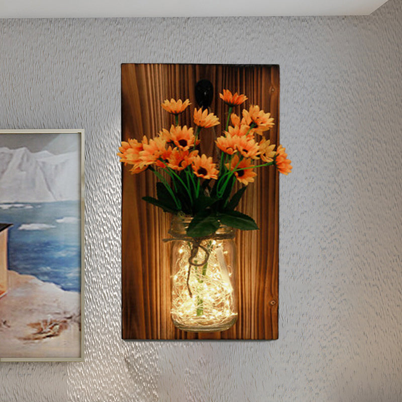 Contemporary Floral Wall Lamp With Beige/Orange/White String Light & Wood Backplate Orange