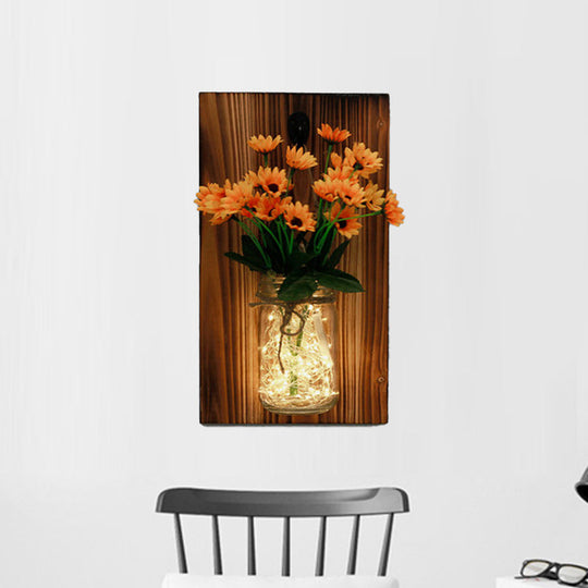 Contemporary Floral Wall Lamp With Beige/Orange/White String Light & Wood Backplate