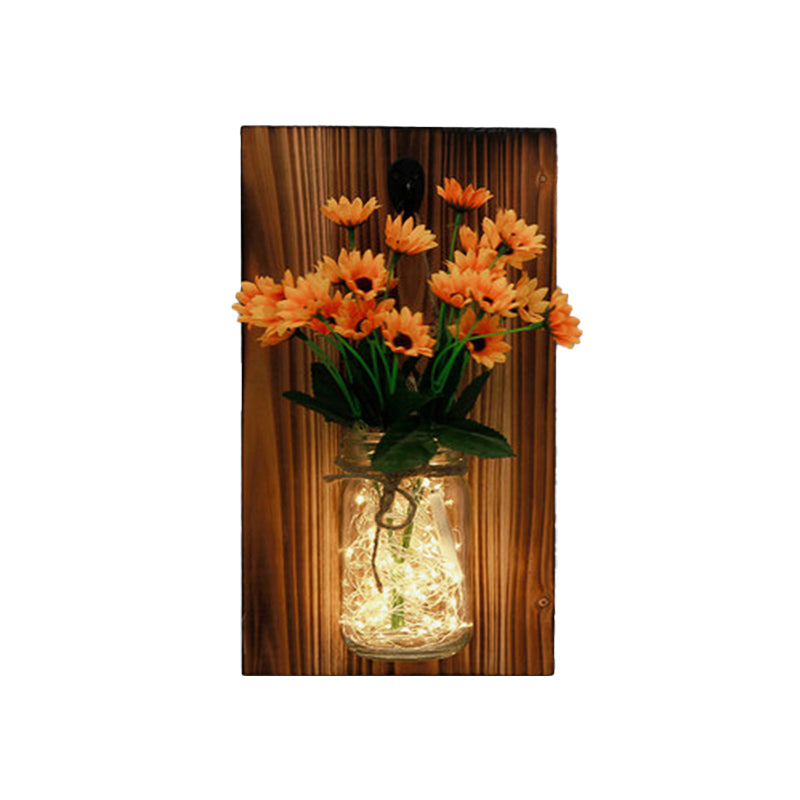 Contemporary Floral Wall Lamp With Beige/Orange/White String Light & Wood Backplate