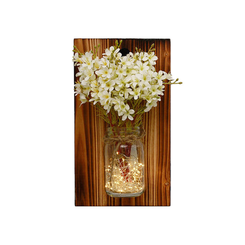 Contemporary Floral Wall Lamp With Beige/Orange/White String Light & Wood Backplate