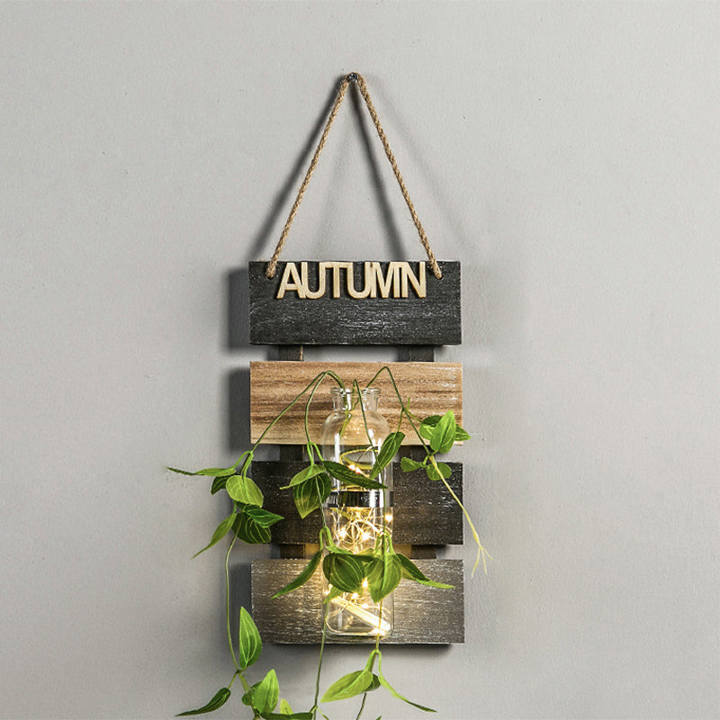 Rustic Plant Wall String Lights - Dark Green/Light Green/Yellow With Wooden Backplate Light Green