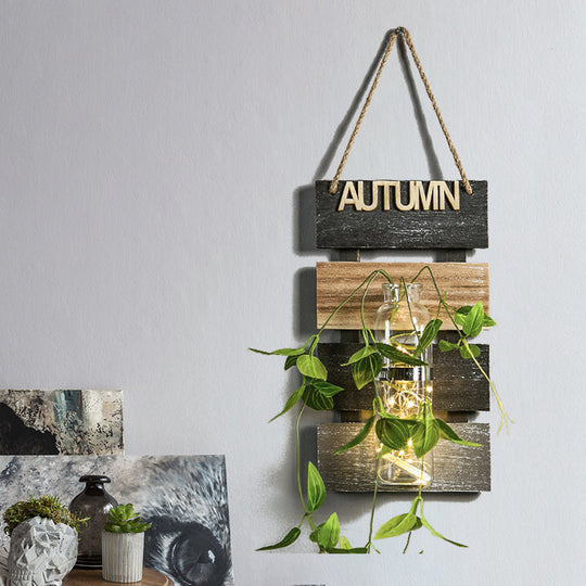 Rustic Plant Wall String Lights - Dark Green/Light Green/Yellow With Wooden Backplate