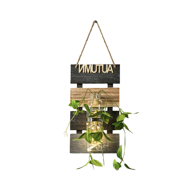 Rustic Plant Wall String Lights - Dark Green/Light Green/Yellow With Wooden Backplate