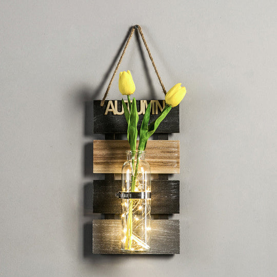 Rustic Plant Wall String Lights - Dark Green/Light Green/Yellow With Wooden Backplate Yellow