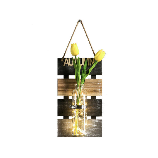 Rustic Plant Wall String Lights - Dark Green/Light Green/Yellow With Wooden Backplate