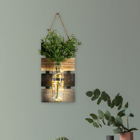 Rustic Plant Wall String Lights - Dark Green/Light Green/Yellow With Wooden Backplate