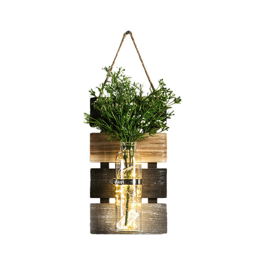 Rustic Plant Wall String Lights - Dark Green/Light Green/Yellow With Wooden Backplate