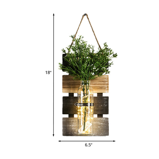 Rustic Plant Wall String Lights - Dark Green/Light Green/Yellow With Wooden Backplate