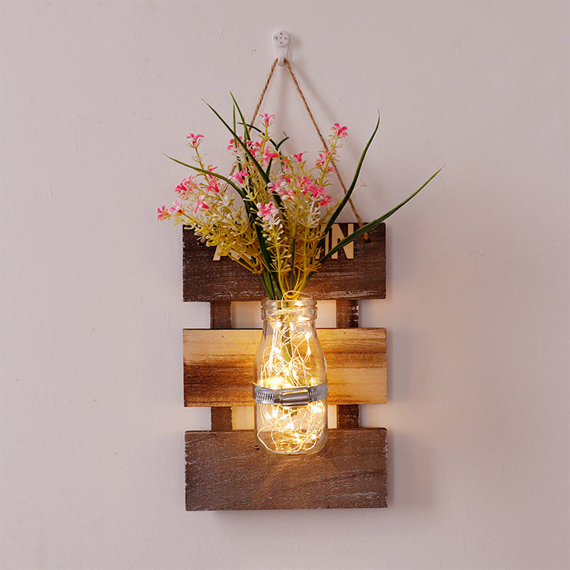 Contemporary Style Pink/Yellow Flower Wall Sconce With Clear Glass Bottle String Light For Cafes