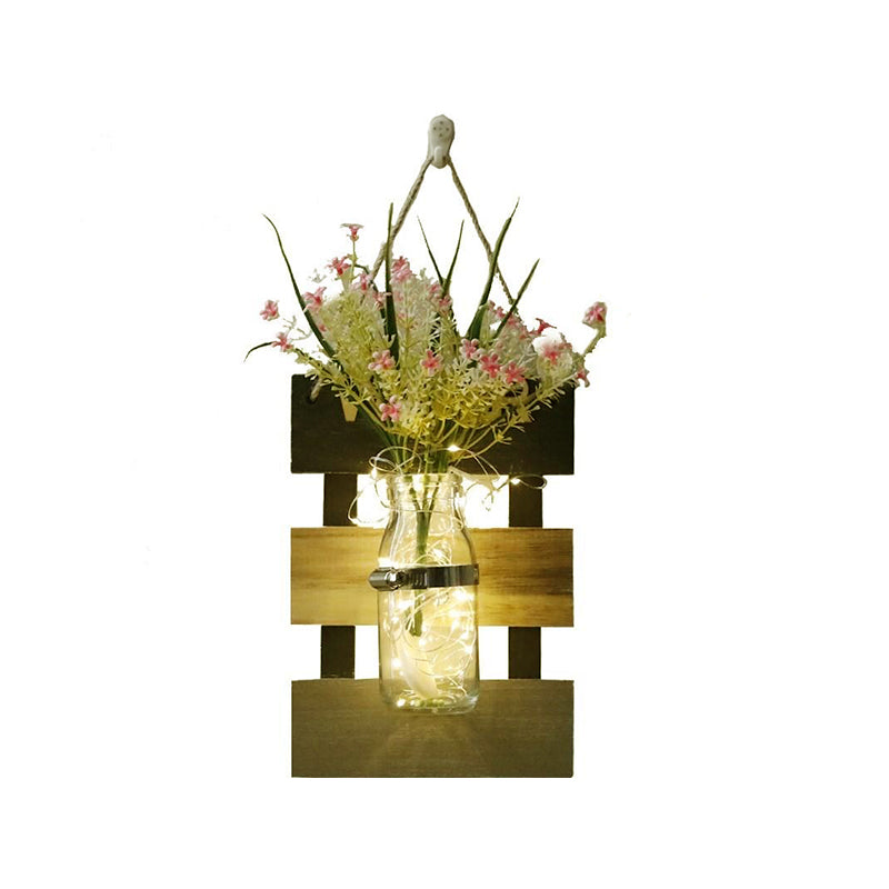 Contemporary Style Pink/Yellow Flower Wall Sconce With Clear Glass Bottle String Light For Cafes