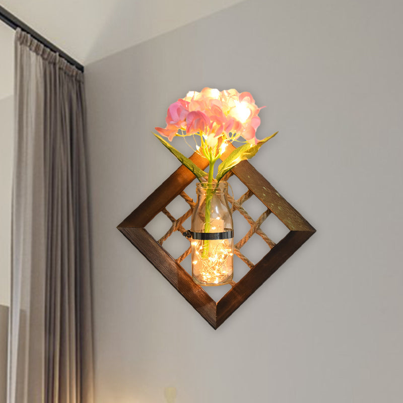 Asian Style Pink Flower Accent Wall Light - Clear Glass String With Wood Backplate