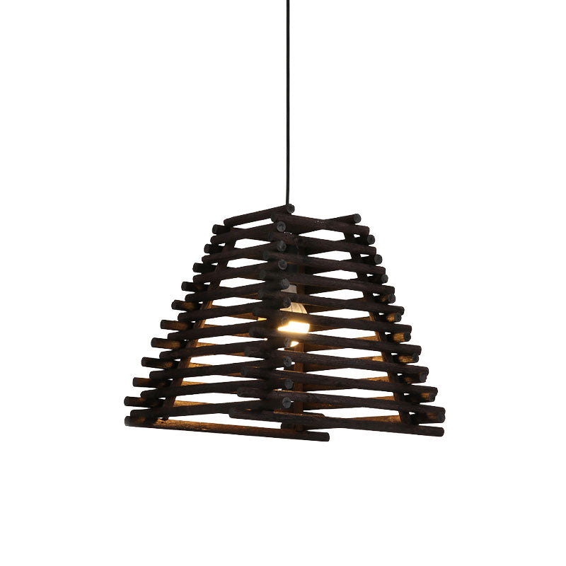 Rustic Trapezoid Bamboo Pendant Light for Dining Room - Single Light, Thin/Thick, Brown