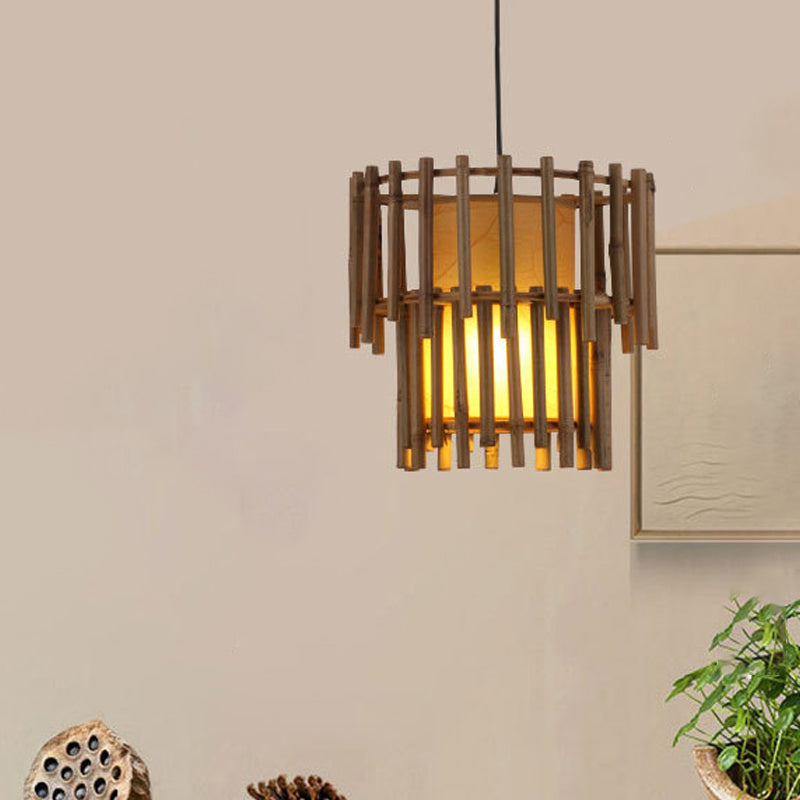 Rustic Bamboo Pendant Light Fixture for Living Room - Beige, 1-Light