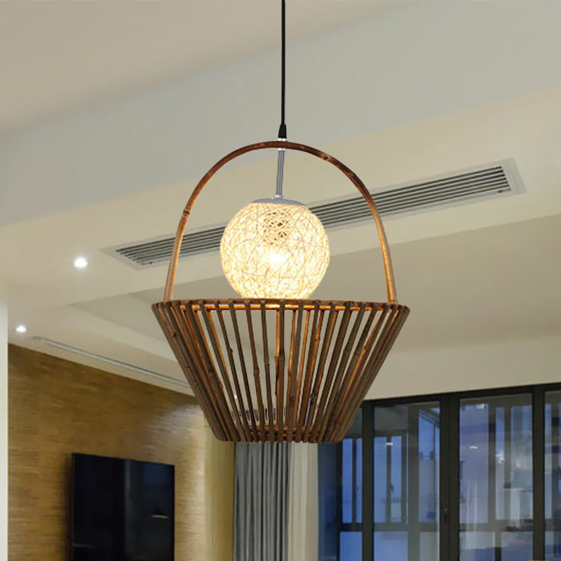 Bamboo Pendant Light Country Roof Shape 2-Light Ceiling Fixture For Restaurants In Brown