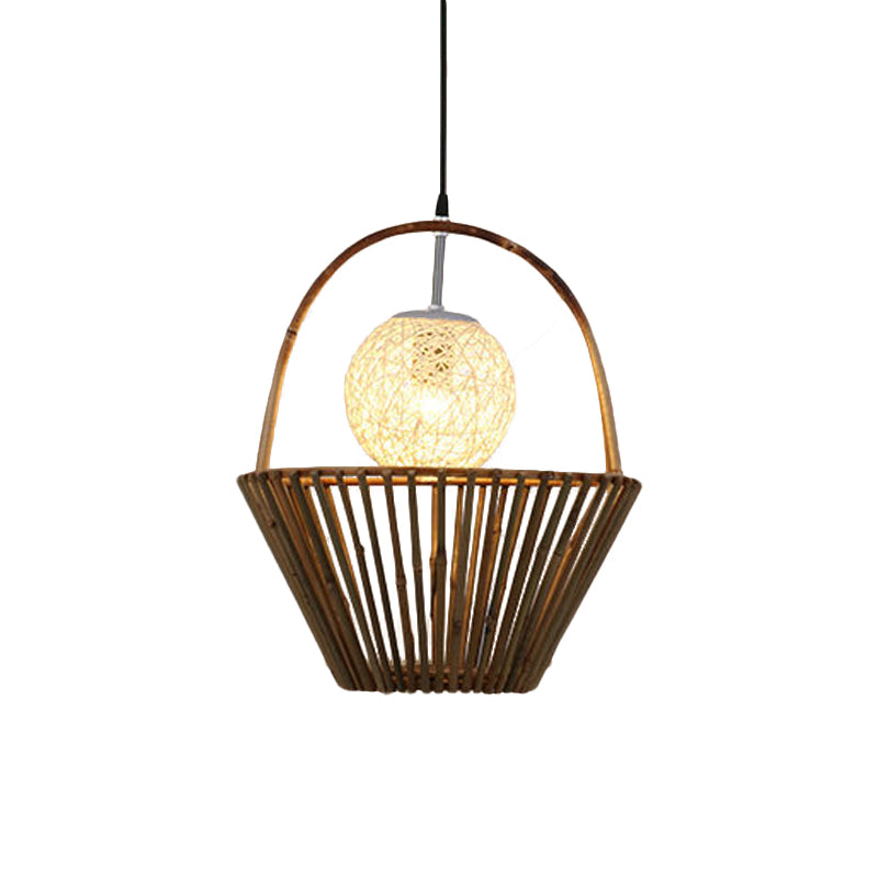 Bamboo Pendant Light Country Roof Shape 2-Light Ceiling Fixture For Restaurants In Brown