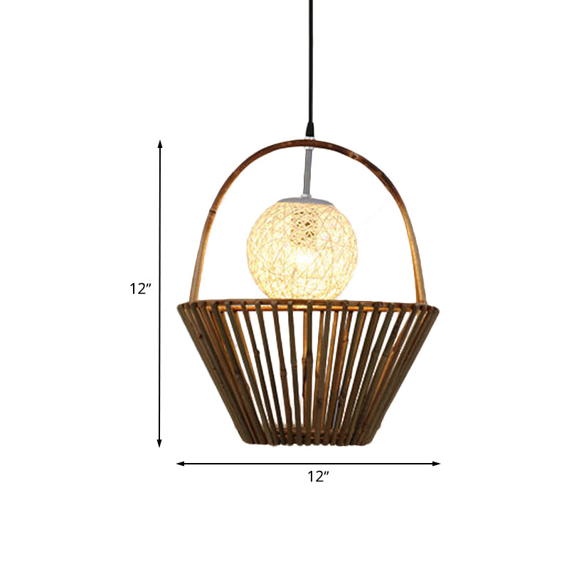 Bamboo Pendant Light Country Roof Shape 2-Light Ceiling Fixture For Restaurants In Brown