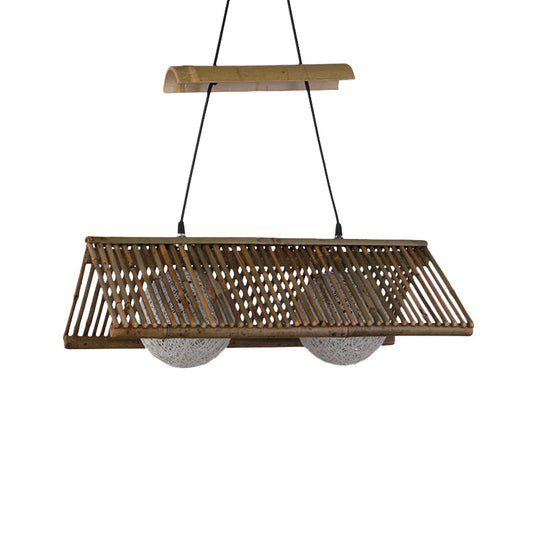 Bamboo Pendant Light Country Roof Shape 2-Light Ceiling Fixture For Restaurants In Brown