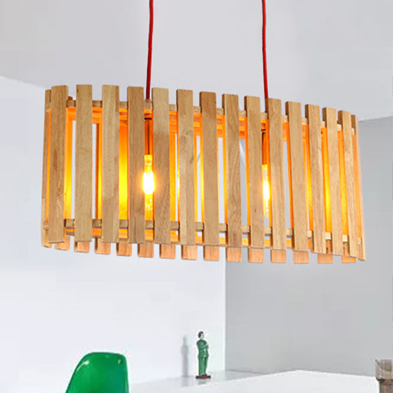 Stylish Bamboo Linear Island Lighting - Oval Shade Wood Pendant Lamp For Dining Table