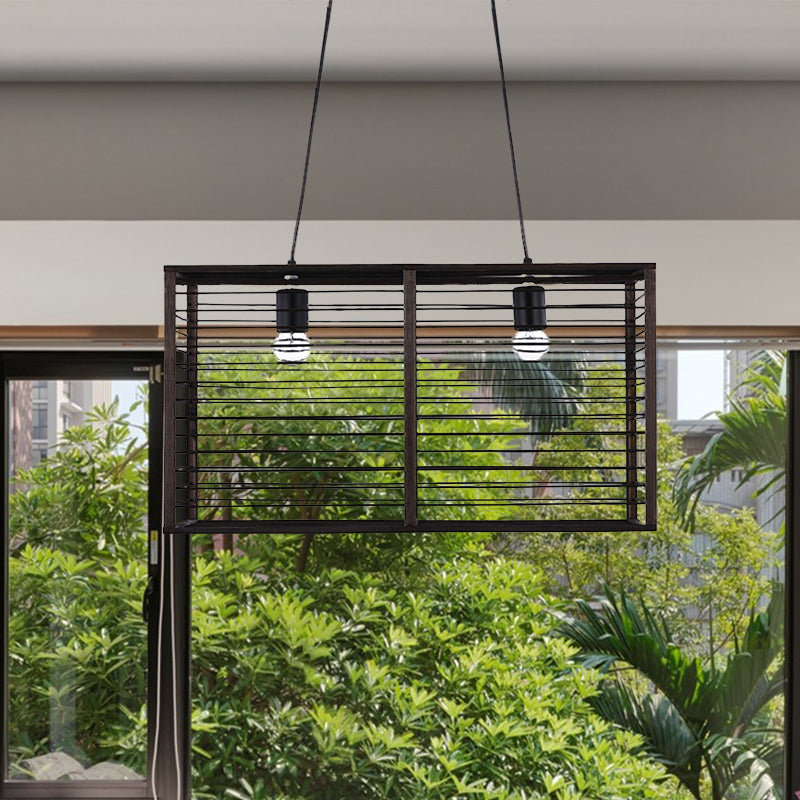 Modern Black Rectangle Cage Island Pendant Light - 16/19.5 W 2-Light Bamboo Suspension Lamp For