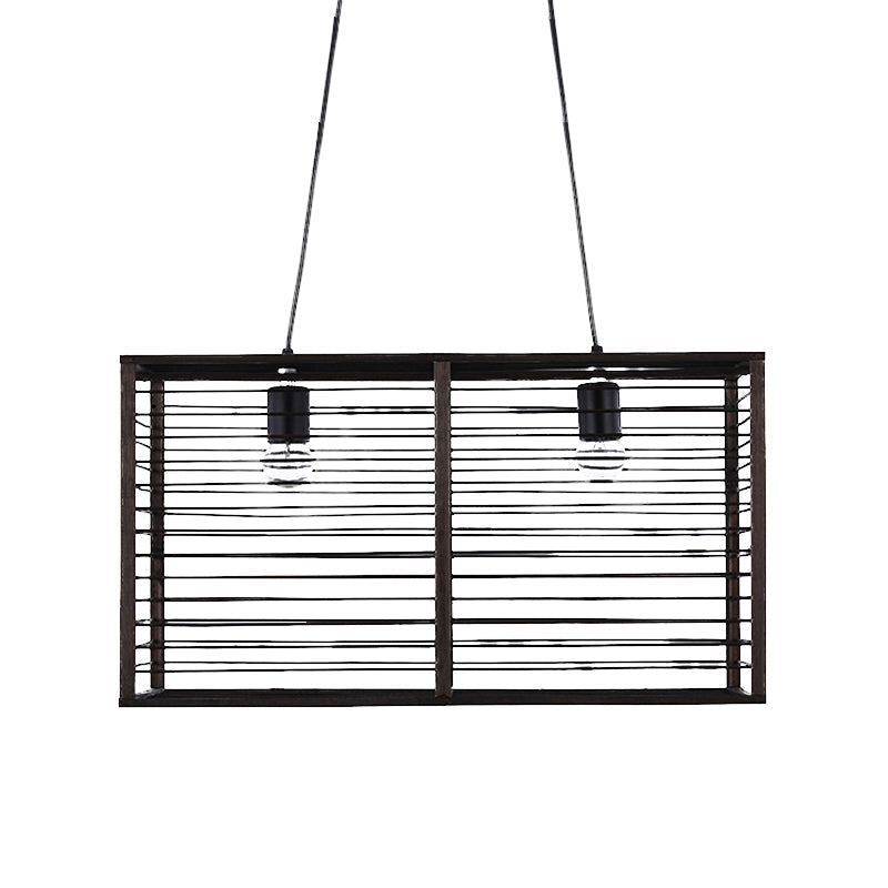 Modern Black Rectangle Cage Island Pendant Light - 16/19.5 W 2-Light Bamboo Suspension Lamp For